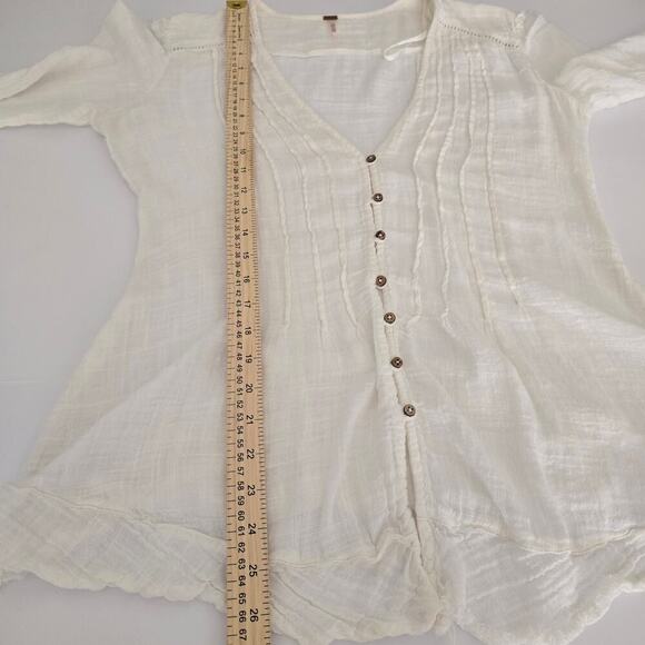 Free People Boho Fringe Hem V-Neck Blouse Sz S Flared Sleeve Ivory Peasant Goth - Picture 8 of 9